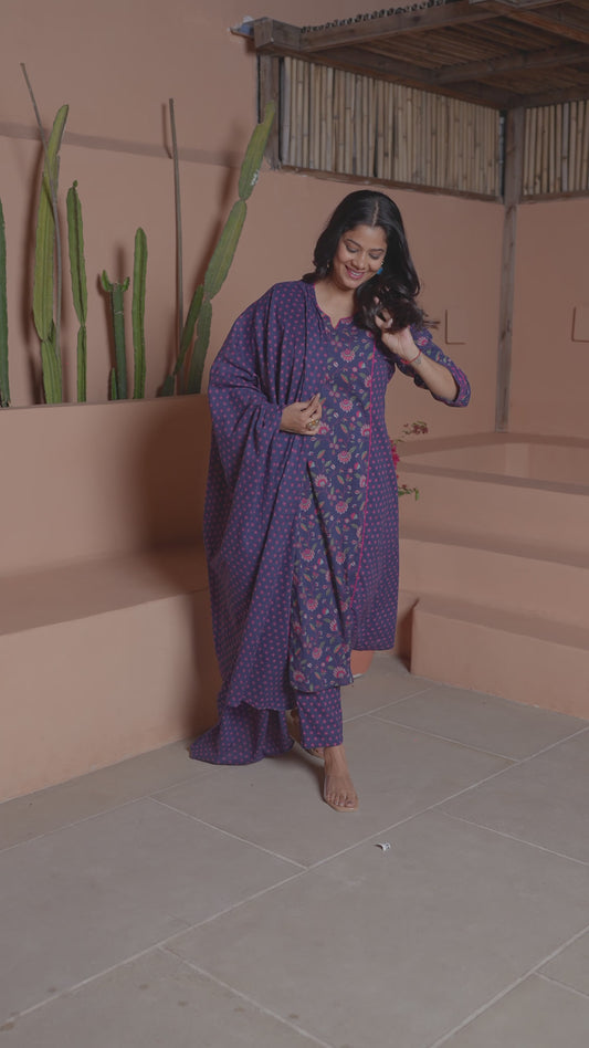 Soft Cotton Floral Panelled A-Line Blue Kurta