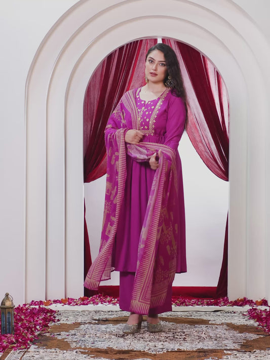 Embroidered Viscose Solid Flared Pink Kurta