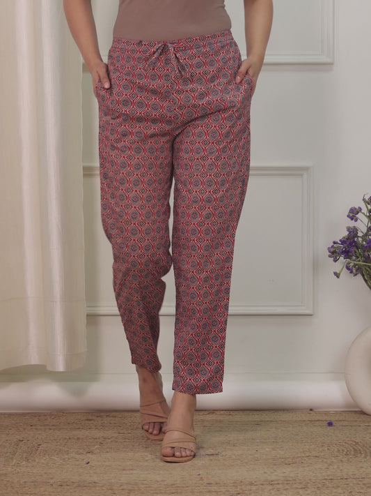 Soft Cotton Ajrakh Red Tapered Trousers