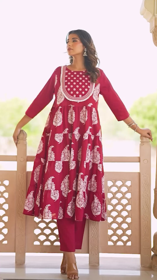 Embroidered Soft Cotton Block Print Anarkali Maroon Kurta