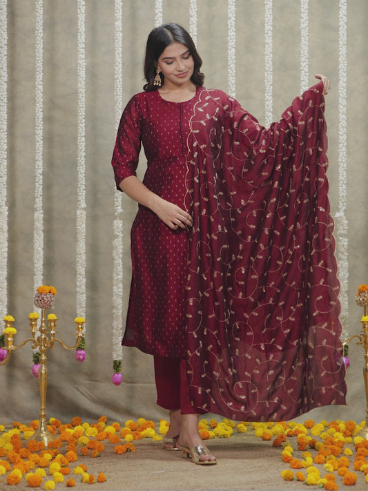 Chanderi Solid Straight Maroon Kurta