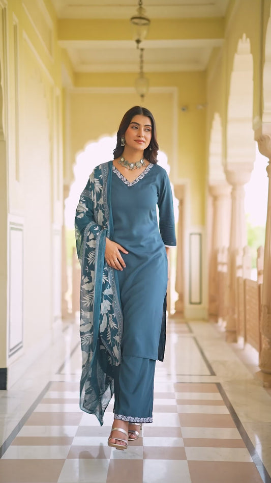 Embroidered Viscose Solid Straight Blue Kurta