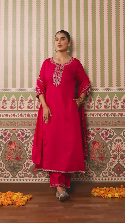 Embroidered Chanderi Solid Straight Red Kurta