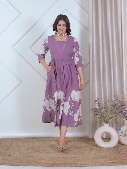 Embroidered Soft Cotton Placement Print Flared Purple Dress
