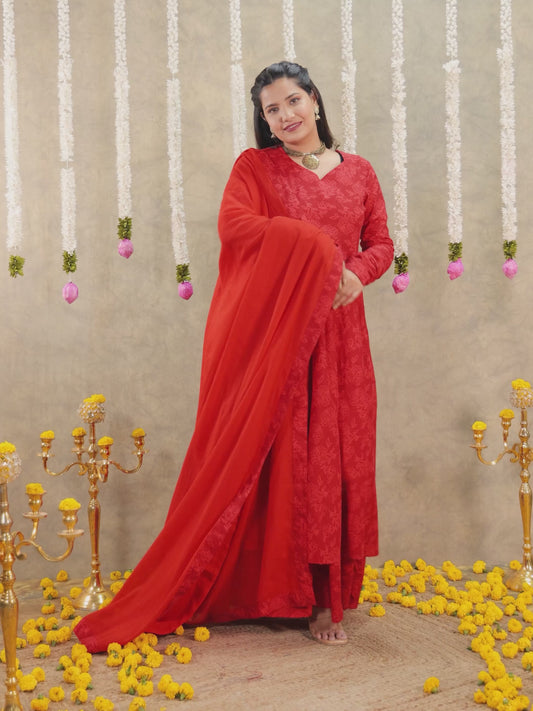 Soft Cotton Floral Anarkali Red Kurta