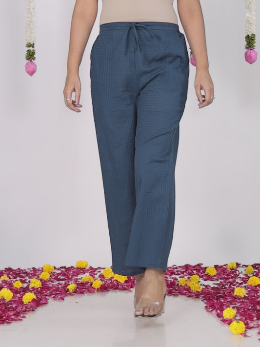 Cotton Dobby Solid Blue Straight Trousers