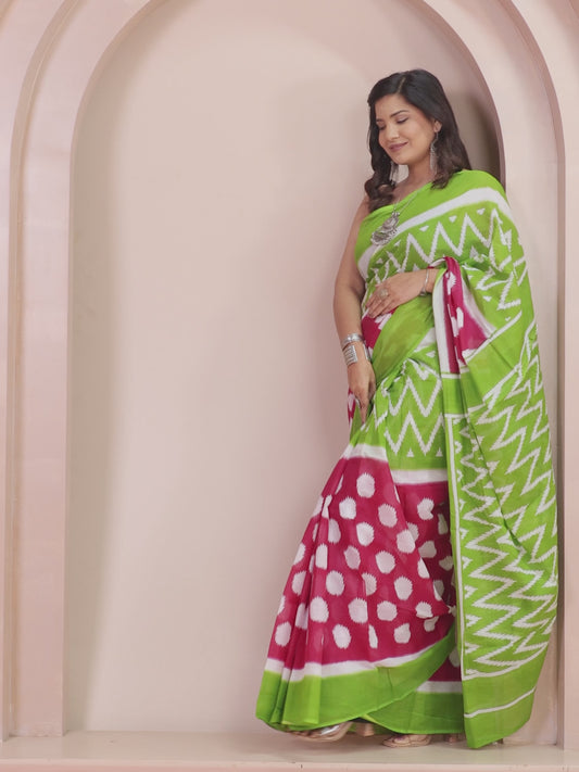 Soft Cotton Geometric Green Saree