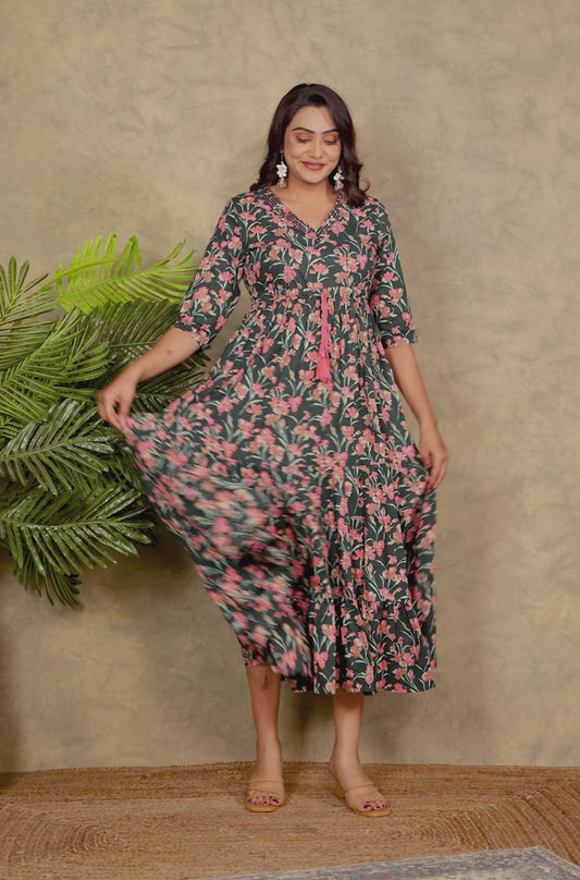 Soft Cotton Floral A-line Green Dress