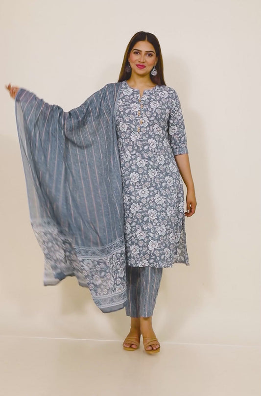 Soft Cotton Floral A-line Grey Kurta