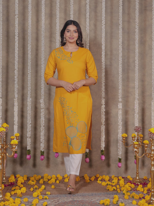 Soft Cotton Solid Straight Yellow Kurta