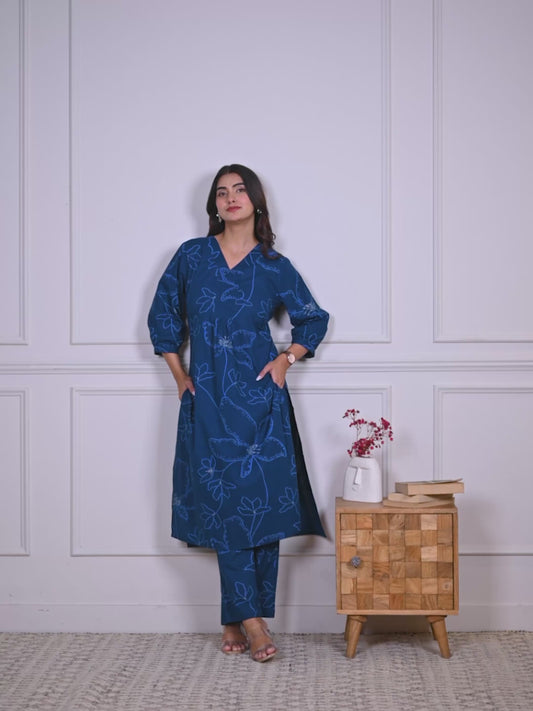 Soft cotton Floral A-line Blue Kurta