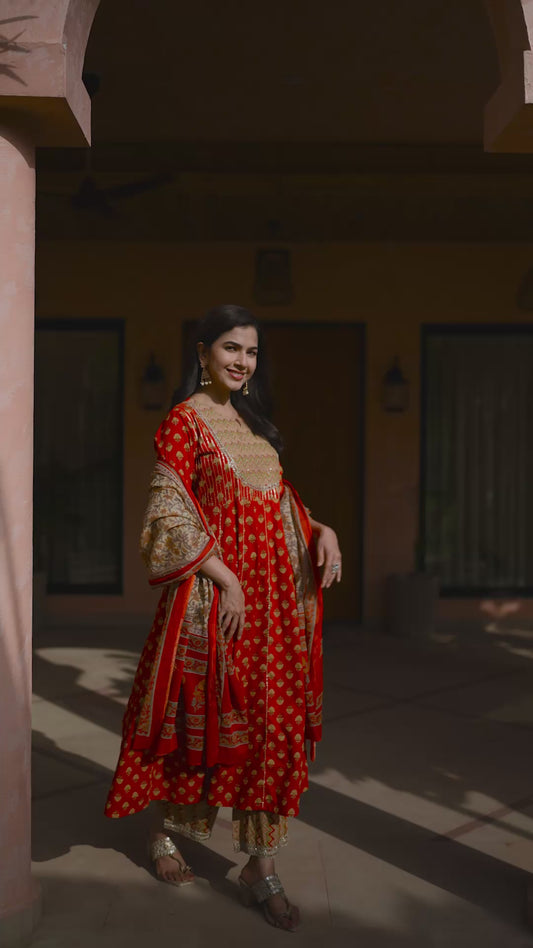 Embroidered Soft Cotton Butti Anarkali Red Kurta