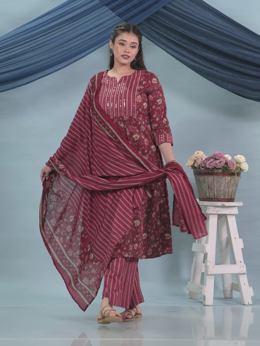 Embroidered Kantha Cotton Floral Flared Red Kurta