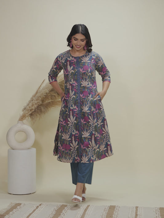 Embroidered Soft Cotton Foliage A-line Teal Kurta