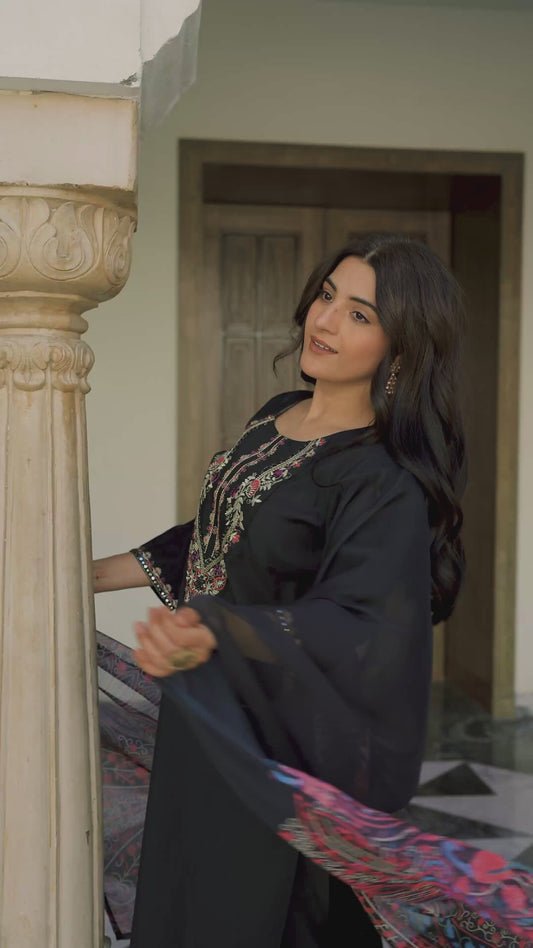 Embroidered Blended Silk Solid Black Straight Kurta