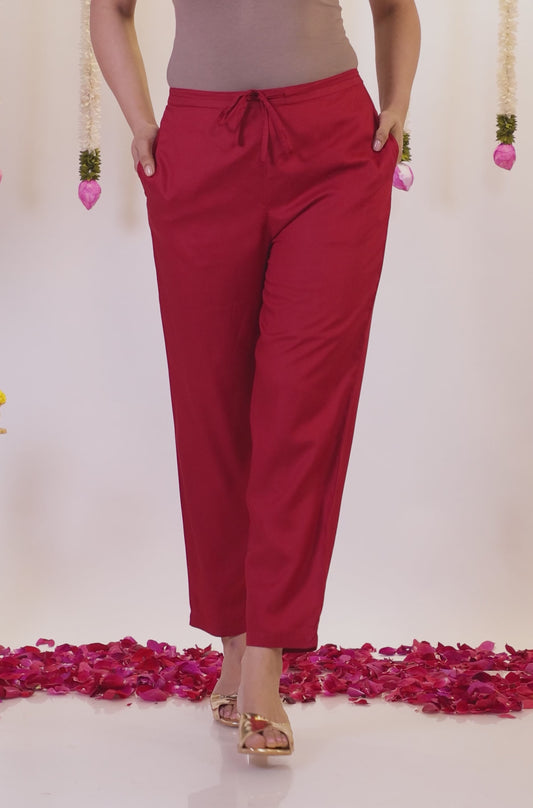 Viscose Solid Maroon Tapered Trousers