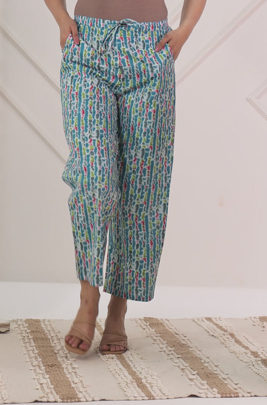 Soft Cotton Abstract Blue Tapered Trousers
