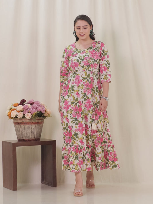 Embroidered Linen Cotton Floral Tiered Off White Dress