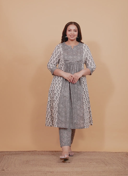 Lurex Cotton Block Panelled Grey Kurta