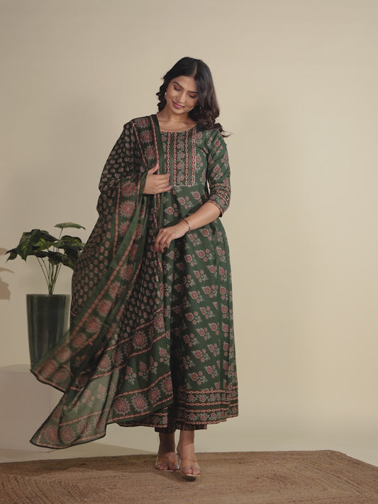 Embroidered Soft Cotton Block Print Anarkali Green Kurta