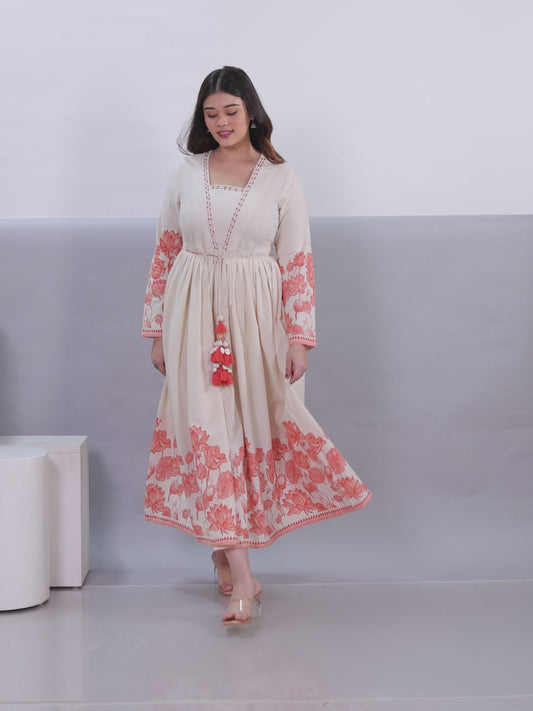 Linen Cotton Placement Print Anarkali Off White Dress