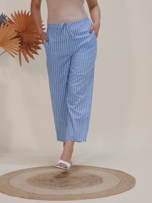 Soft Cotton Striped Blue Straight Trousers