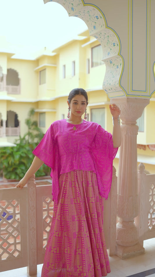 Viscose Gold foil Asymmetric Kaftan Pink Top