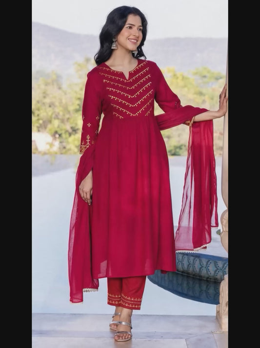 Embroidered Viscose Solid Flared Maroon Kurta