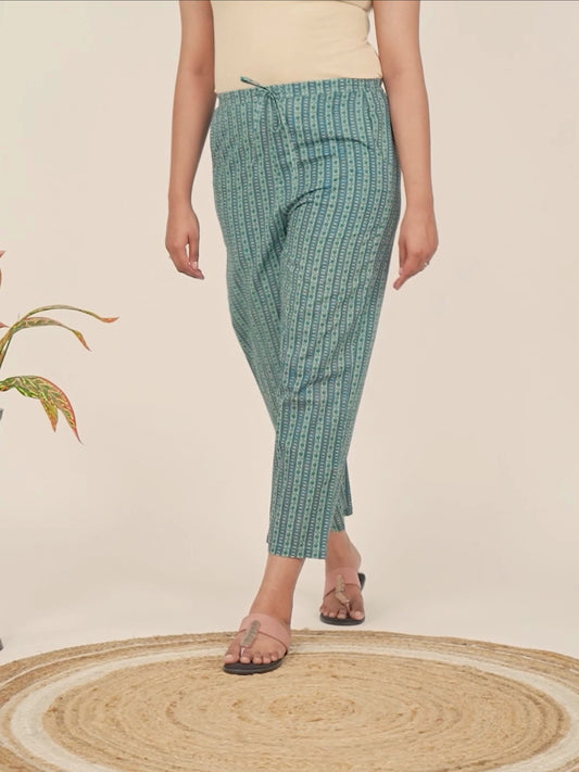 Soft Cotton Striped Green Straight Trousers
