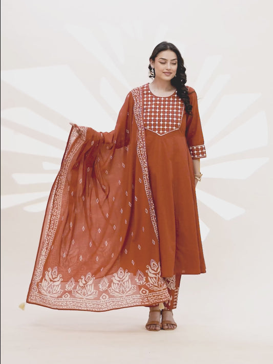 Embroidered Soft cotton Solid Flared Rust Kurta