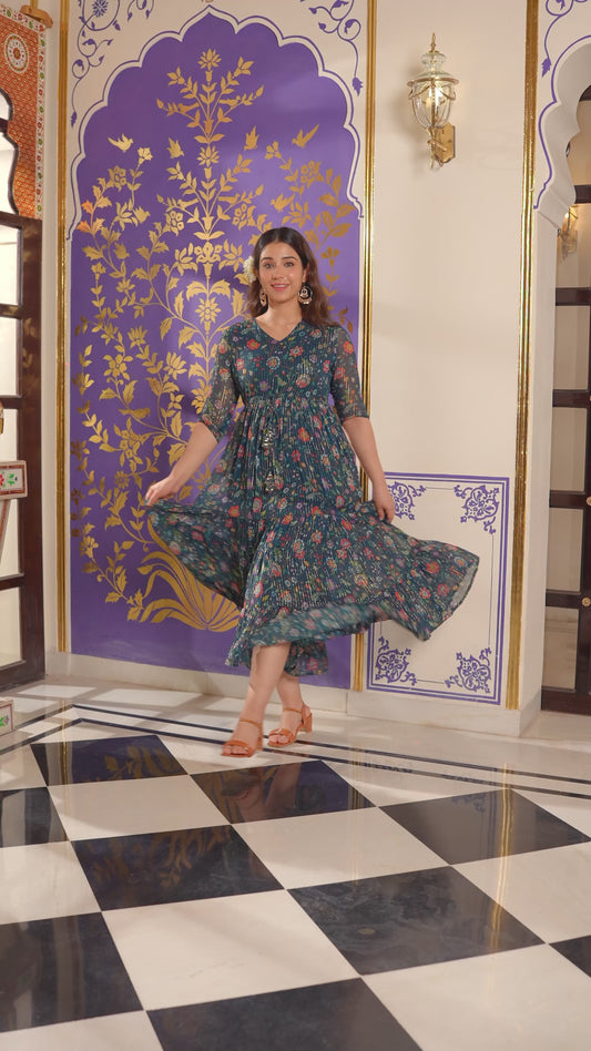 Self Design Georgette Floral A-line Navy Blue Dress
