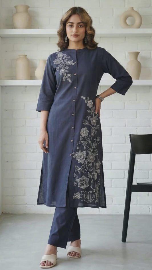 Embroidered Slub cotton Solid Straight Navy Blue Kurta