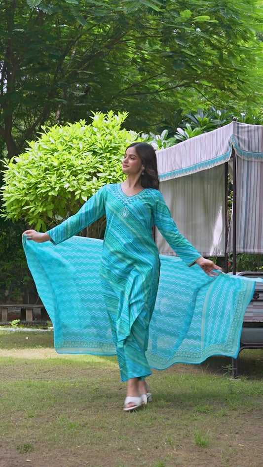 Embroidered Soft Cotton Leheriya Straight Blue Kurta