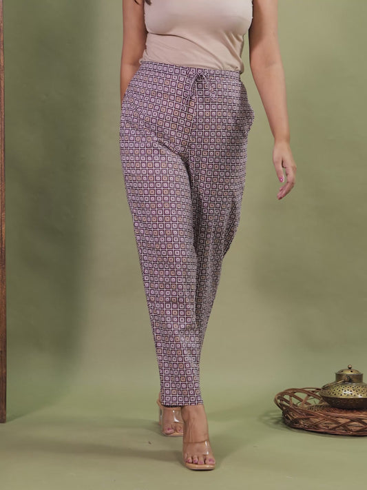 Soft Cotton Geometric Purple Tapered Trousers