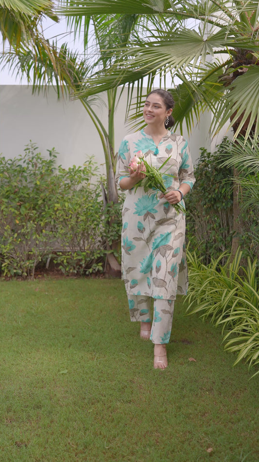 Linen Cotton Floral Straight Off White Kurta