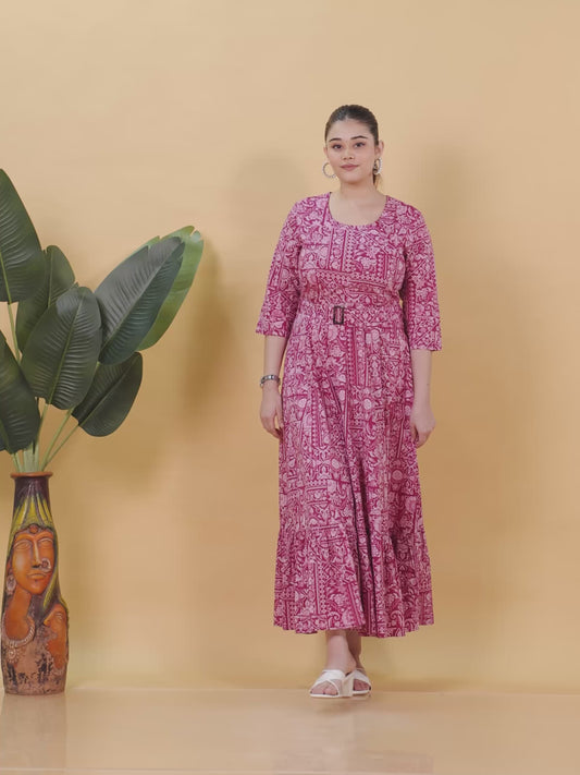 Soft Cotton Patchwork Anarkali Pink Dress (With Belt)