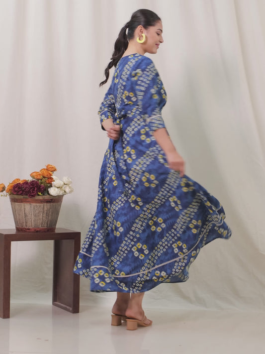 Embroidered Soft Cotton Bandhani Anarkali Blue Dress