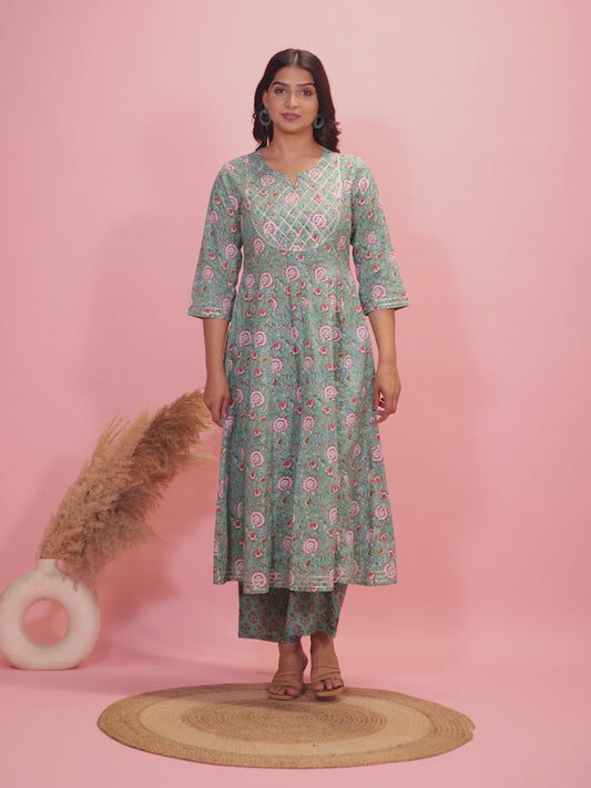 Soft Cotton Floral Anarkali Green Kurta