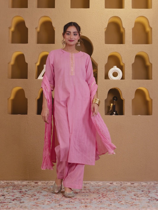 Embroidered Lurex Cotton Solid Straight Baby Pink Kurta