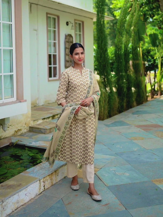 Soft Cotton Floral Straight Beige Kurta