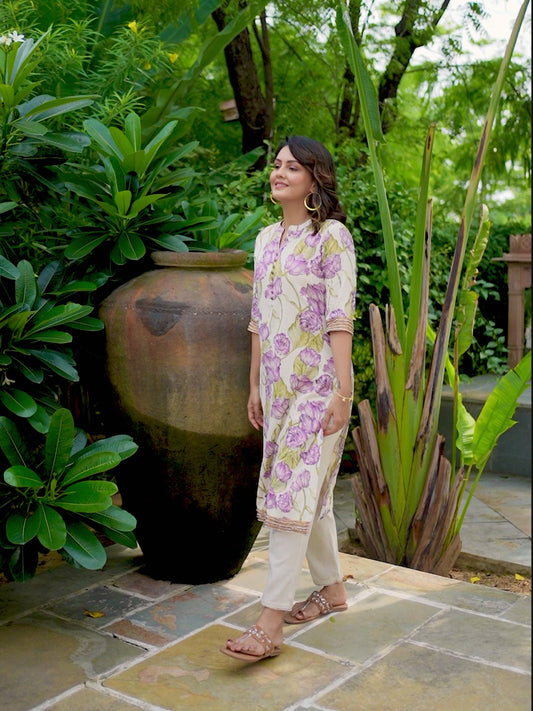 Linen Cotton Floral Kurta