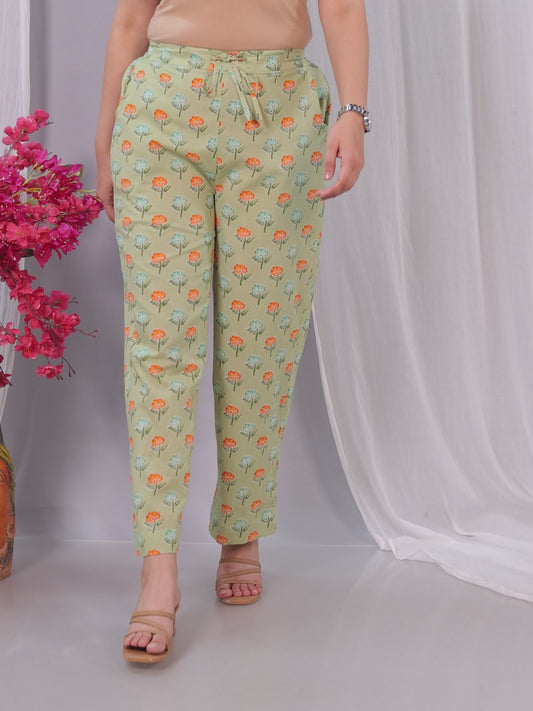 Soft Cotton Floral Green Straight Straight Trousers