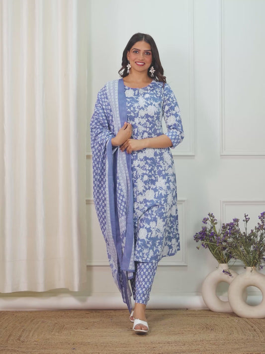 Soft Cotton Floral Flared Purple Kurta