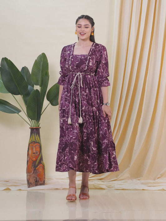Soft Cotton Floral Gathered Purple Dress
