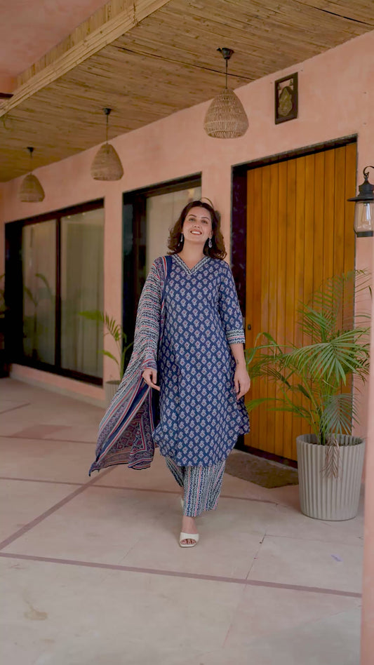 Soft Cotton Geometric A-line Indigo blue Kurta