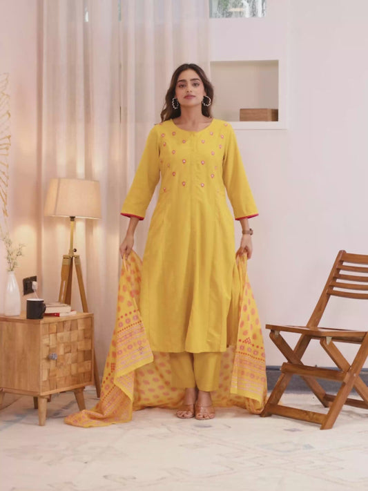 Embroidered Linen Cotton Solid A-line Mustard Kurta