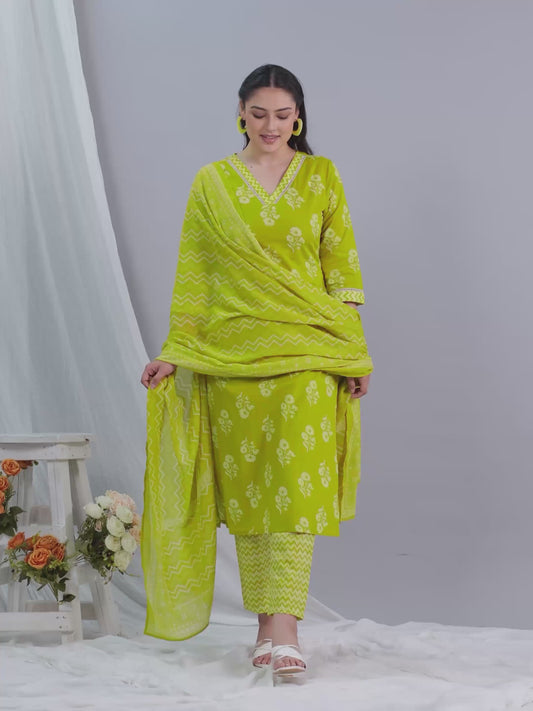 Soft Cotton Floral Straight Green Kurta