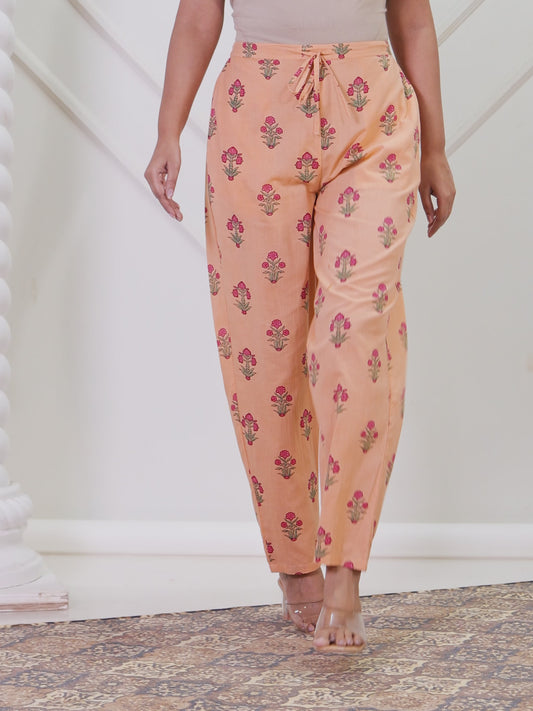 Soft Cotton Floral Peach Tapered Trousers