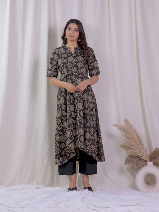Soft Cotton Floral High Low Black Kurta