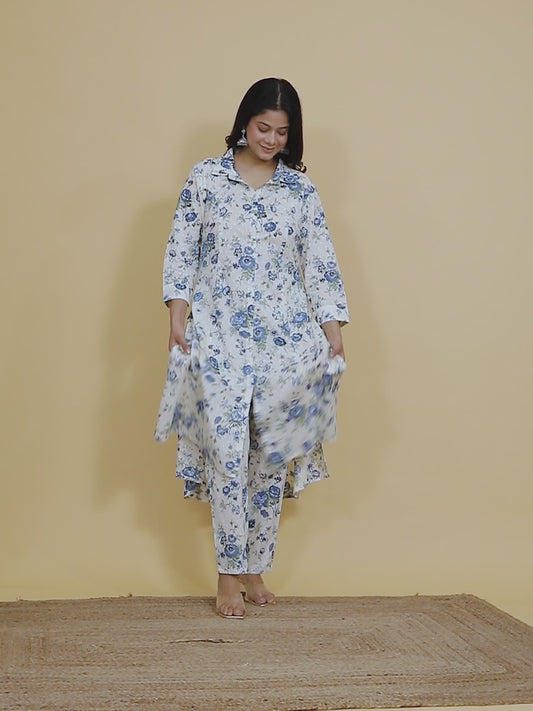 Textured Cotton Floral High Low White Kurta